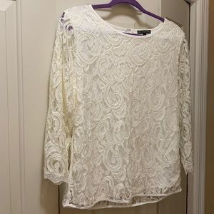 Adrianna Papell White Lace, Sheer 3/4 length sleeve, White underlay, Size L